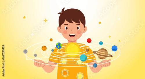 Boy Presenting the Solar System Around His Body For Educational Concept