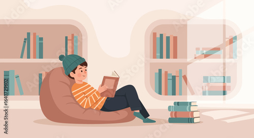 Boy reading book in a cozy room with bookshelves vector illustration scene