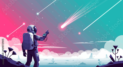 Astronaut In Space Observing Comets On An Alien Landscape Illustration