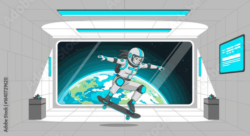 Astronaut Girl Skating in Space Station With Earth View Is A Dream Comes True