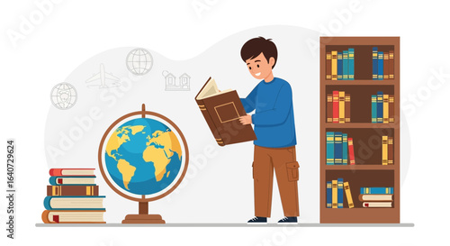 Boy reading a book about travel near a globe and a bookshelf illustration
