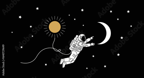 Astronaut In Space Reaching For The Moon With Sun And Stars Around