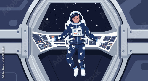 Astronaut in spaceship cockpit looking calm and serene floating in zero gravity with starry space background and dashboard panels