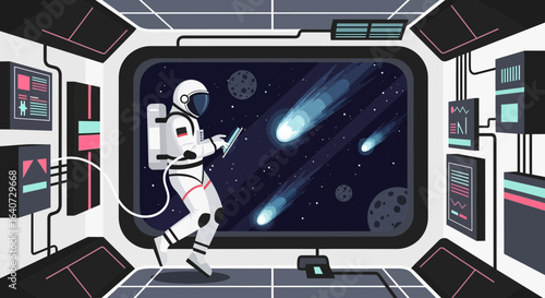 Astronaut Inside Spaceship Observing Comets During Cosmic Mission Exploration