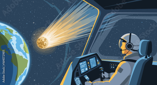 Astronaut observing a massive meteoroid approaching earth from inside spaceship panel view