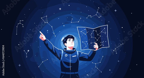 Astronaut Navigating the Starry Cosmos With Constellation Map Illustration