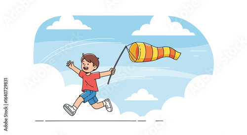 Boy Running With A Windsock In Sunny Weather And Blue Sky Background