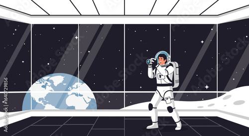 Astronaut Observation Point Overlooking Earth From Lunar Base Interior View