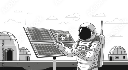 Astronaut overseeing solar panel installation on a futuristic moon base illustration