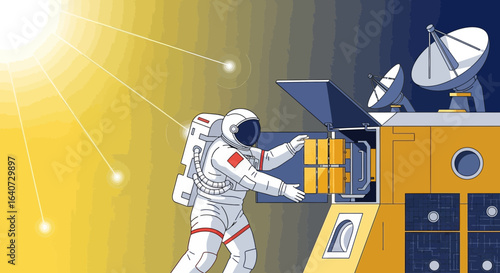 Astronaut Repairing Space Station Equipment During Spacewalk Mission In Outer Space