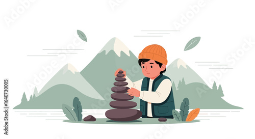 Boy Stacking Stones Tower Outdoors Exploring Nature And Finding Inner Peace
