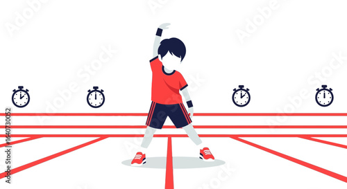 Boy Stretching Time Keeping Represents Physical Training and Athletic Achievement