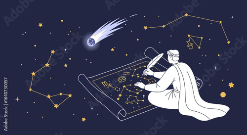 Astronomer Drawing Star Map On Ancient Scroll Under Comet In Night Sky