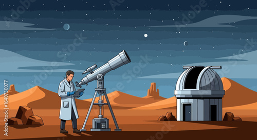Astronomer explores space with telescope at desert research station illustration
