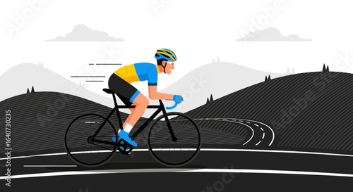 Athlete Riding Bicycle on Winding Road Through Hilly Landscape in Stylized Vector Art