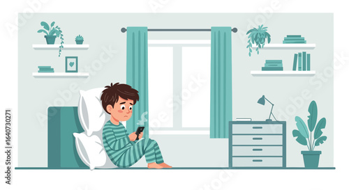 Boy with phone in the bedroom feeling sad and lonely due to internet addiction and social media problems