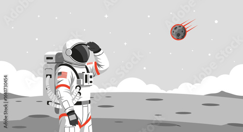 Brave Astronaut Standing on the Moon Greeting a Distant Meteor with Patriotism