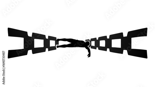 Silhouetted Struggle: An artistic representation of confinement and constraint, a human form is trapped within a symmetrical, chain-like structure.