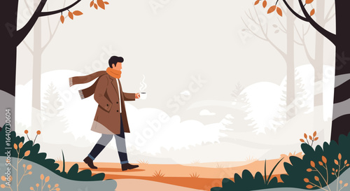 Autumn Tranquility A Man Enjoys a Coffee While Strolling Through Scenic Woods
