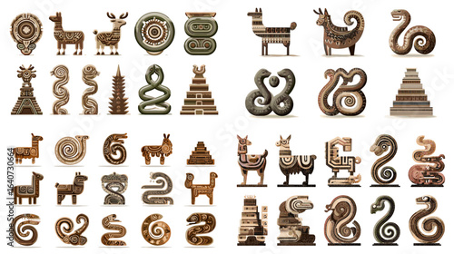 A set of ancient Inca, Mayan, and Aztec symbols featuring animals, pyramids, and sacred motifs in earthy tones, inspired by indigenous Latin American art.