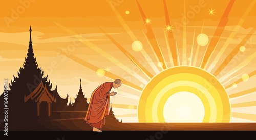 Buddhist Monk Prays As The Sun Rises Over Ancient Temples In Peaceful Landscape