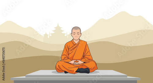 Buddhist Monk Meditating In Lotus Position In Front Of Temple And Mountains