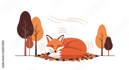 Autumnal Serenity: A Sleeping Fox in a Forest Glade of Brown and Orange Trees