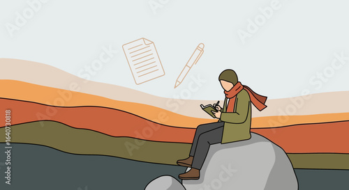Autumnal Serenity A Woman Writes on a Hillside Rock with Pen and Paper