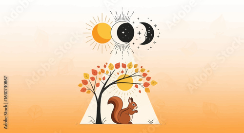 Autumnal Solstice Day and Night Cycle with Squirrel Under a Tree