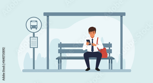 Businessman waiting at the bus stop checking his mobile phone in the morning time,commuting lifestyle concept,vector illustration