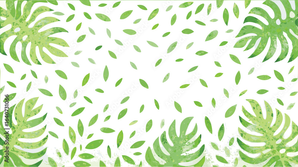 Naklejka premium Watercolor monstera leaves and small green leaves scattered on a white background create a fresh design