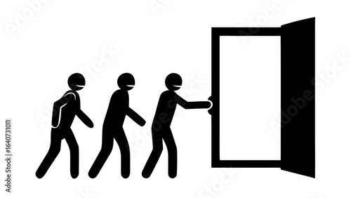Open to Opportunity: A symbolic illustration of people going toward a door, opening to new chances, possibilities, and prospects. Illustrates choices, and progress.