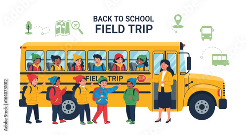 Back to School Field Trip Illustration with School Bus and Cheerful Students