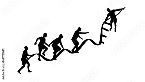 Silhouette of human climbing ladder to reach success: A conceptual silhouette, where human figures collaborate to ascend a ladder of DNA, symbolizing aspiration and shared attainment