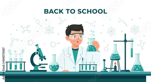 Back to school laboratory experience with equipment and student illustration
