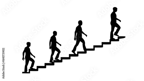 Stairway to Success: Silhouetted figures ascend a flight of stairs, symbolizing progress, ambition, and the journey towards achieving goals in a stark, graphic representation.