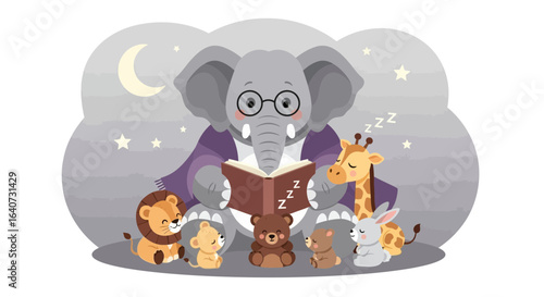 Bedtime Story With Elephant Reading A Sleepy Tale To Adorable Animals