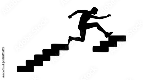 Overcoming Obstacles: A silhouette of a person leaps confidently over a flight of steps, symbolizing the triumphant pursuit of progress and accomplishment.