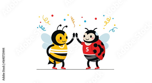 Bee And Ladybug Characters High Fiving Under Colorful Confetti For Celebration