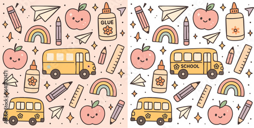 Cute kawaii-style seamless pattern with back-to-school doodles: school bus, apples, glue, pencils, paper airplanes, and rainbows. Perfect for kids' products, stationery, and classroom decor