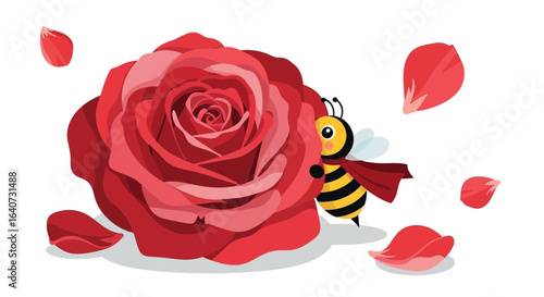 Bee hiding behind a vibrant red rose amidst scattered petals evokes a sense of playful innocence