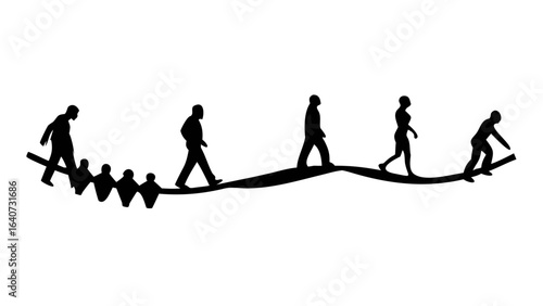 Navigating Challenges: Silhouettes of individuals traverse a precarious tightrope, symbolizing resilience and determination in the face of adversity.