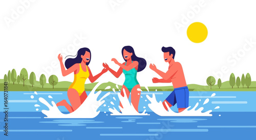 Carefree Summer Fun Friends Enjoying Water Joyful Vacation Vector Illustration