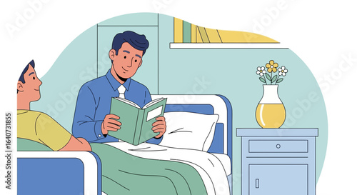 Caring for Loved Ones: Man Reading to Patient in Hospital Room Illustration