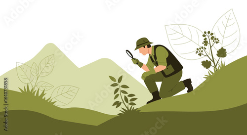 Botanist Exploring Nature Using Magnifying Glass With Green Scenery Landscape
