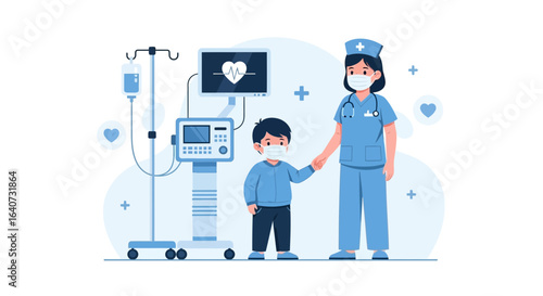 Caring medical professional assisting a child patient in a hospital setting with advanced equipment ensuring patient safety