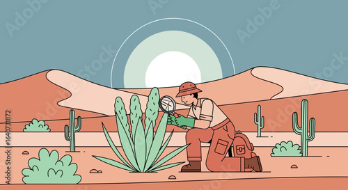 Botanist Studying Desert Flora Through Magnifying Glass Expedition Environment