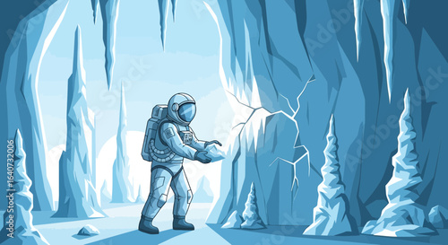 Cartoon Astronaut Exploring Ice Cave with Stalactites and Stalagmites Environment
