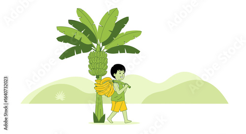 Boy Carrying Bananas From A Banana Plantation With Greenery Background