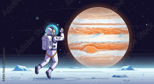 Cartoon Astronaut on Alien Planet Approaching Gigantic Jupiter-like Planet Surface Exploration